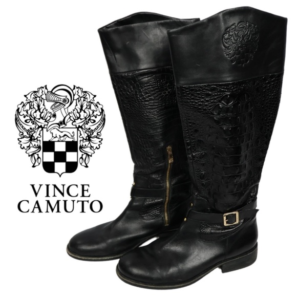 Vince Camuto Black Leather Embossed Knee High Riding Boots Gold Zip Buckle - 10 - Picture 1 of 14